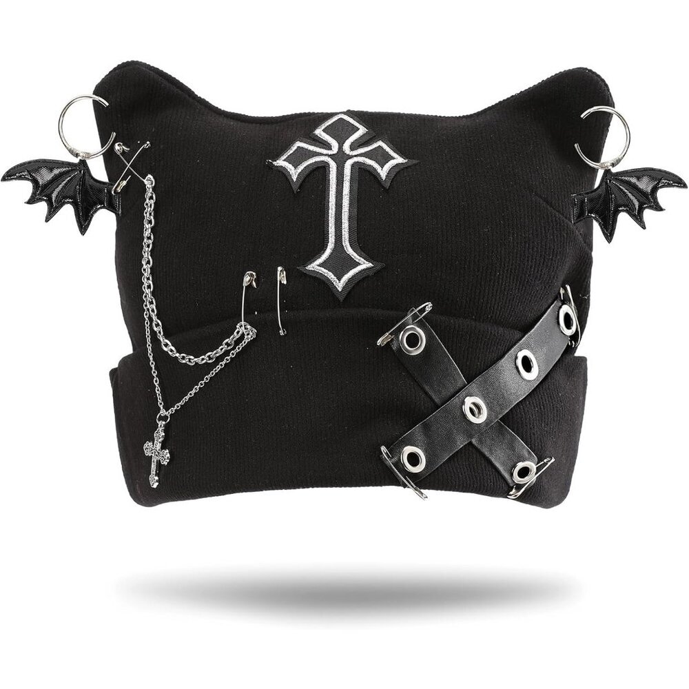 Gothic Punk Beanie Black Cat Ears Y2k Knit Cap Bat Wing Cross Chain Accessories